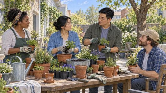 几位成年人在社区园艺活动中种植盆栽并交流示意图