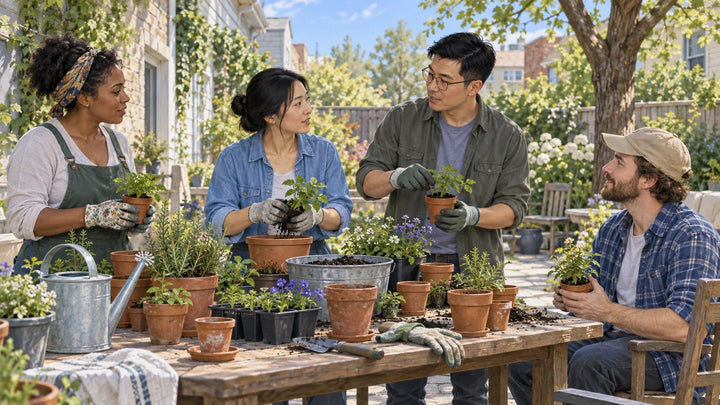 几位成年人在社区园艺活动中种植盆栽并交流示意图