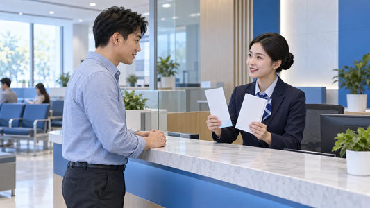 银行工作人员向新移民客户解释日常账户与储蓄账户