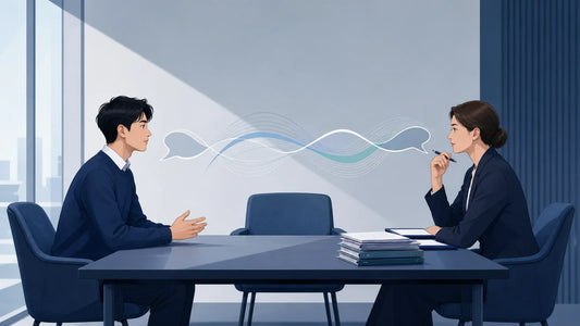 留学生未带翻译员，直接用英语参加庇护面谈的场景插画