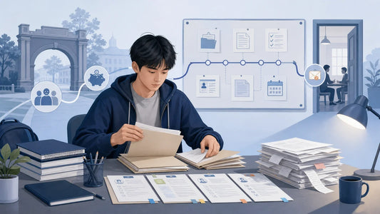 F-1留学生在经济支持中断后整理庇护申请材料的插画