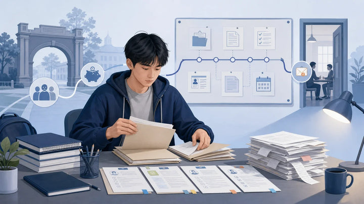 F-1留学生在经济支持中断后整理庇护申请材料的插画