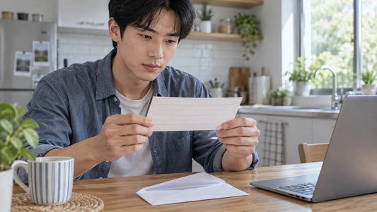 求职者在家中核对一封招聘邮件与收到的支票