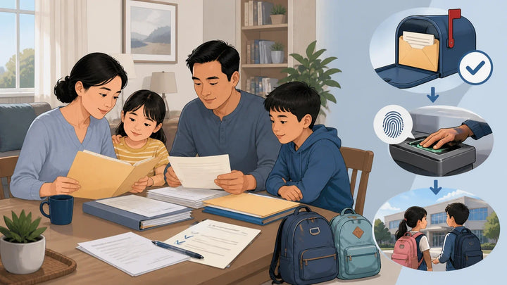 小敏一家四口在家准备I-589申请并完成指纹采集的插画