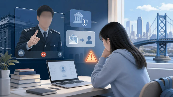 FBI费城警告：中国留学生正遭遇冒充中国警察的监控与汇款骗局相关案件与风险提示插画