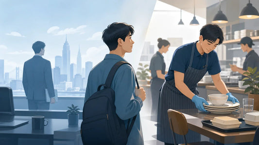 国内白领来到美国，第一份工作却是在餐馆相关生活场景插画