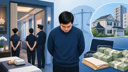 法拉盛水疗店经营者承认清洗逾200万美元非法经营所得相关案件与风险提示插画