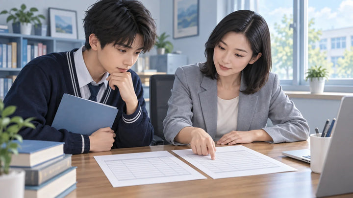 学生与学校工作人员讨论高中转学学分示意图