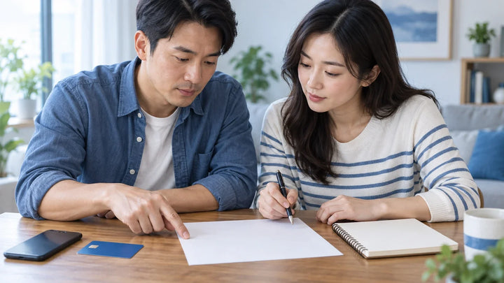 家人在餐桌核对信用卡账单和还款安排