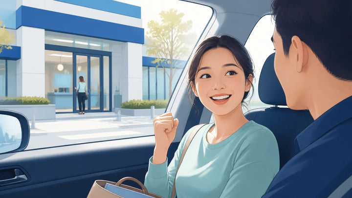 不会英语，她第一次自己去银行办事，出来以后觉得终于敢开口了相关生活场景插画