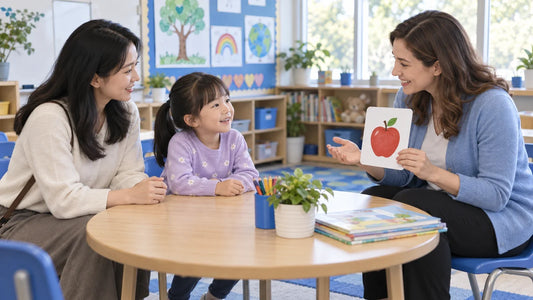 老师在明亮教室里帮助初到美国的孩子理解课堂活动