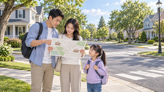 家长与孩子在住宅街道查看附近校园和上学路线