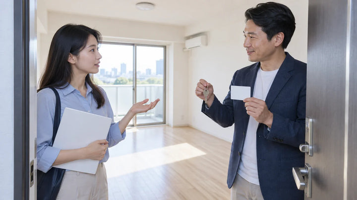 租客在公寓室内门口与持钥匙的人核对租房信息示意图