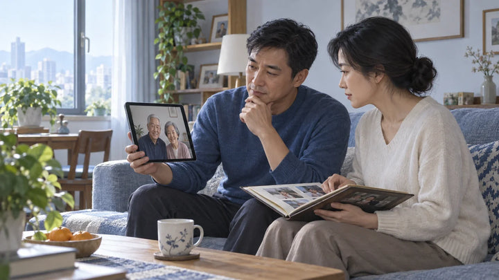 两位成年人坐在沙发上查看平板中的长辈画面并翻看相册示意图